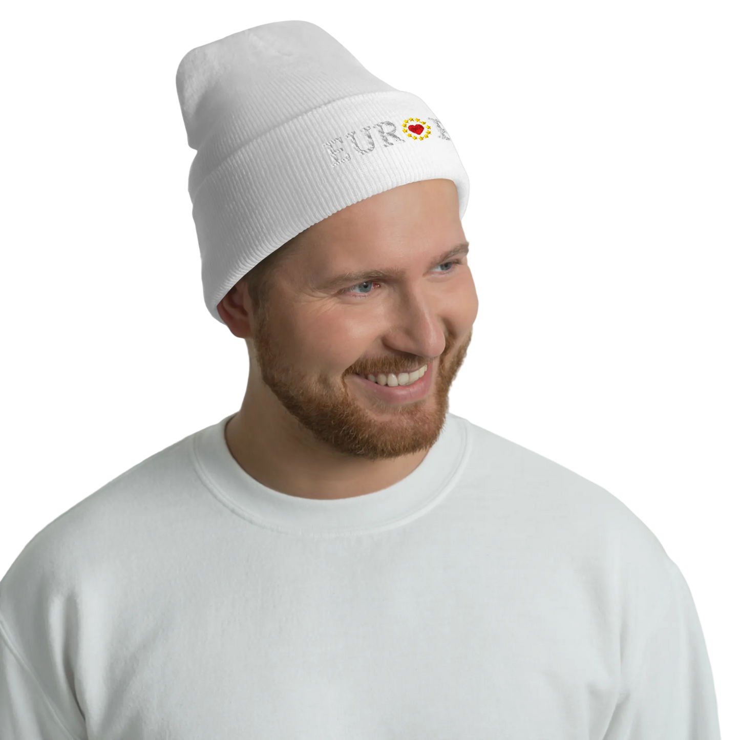Male Model with Monochrome White "EUROPE" Cuffed Beanie with "Show the Love for EU" emblem in full color