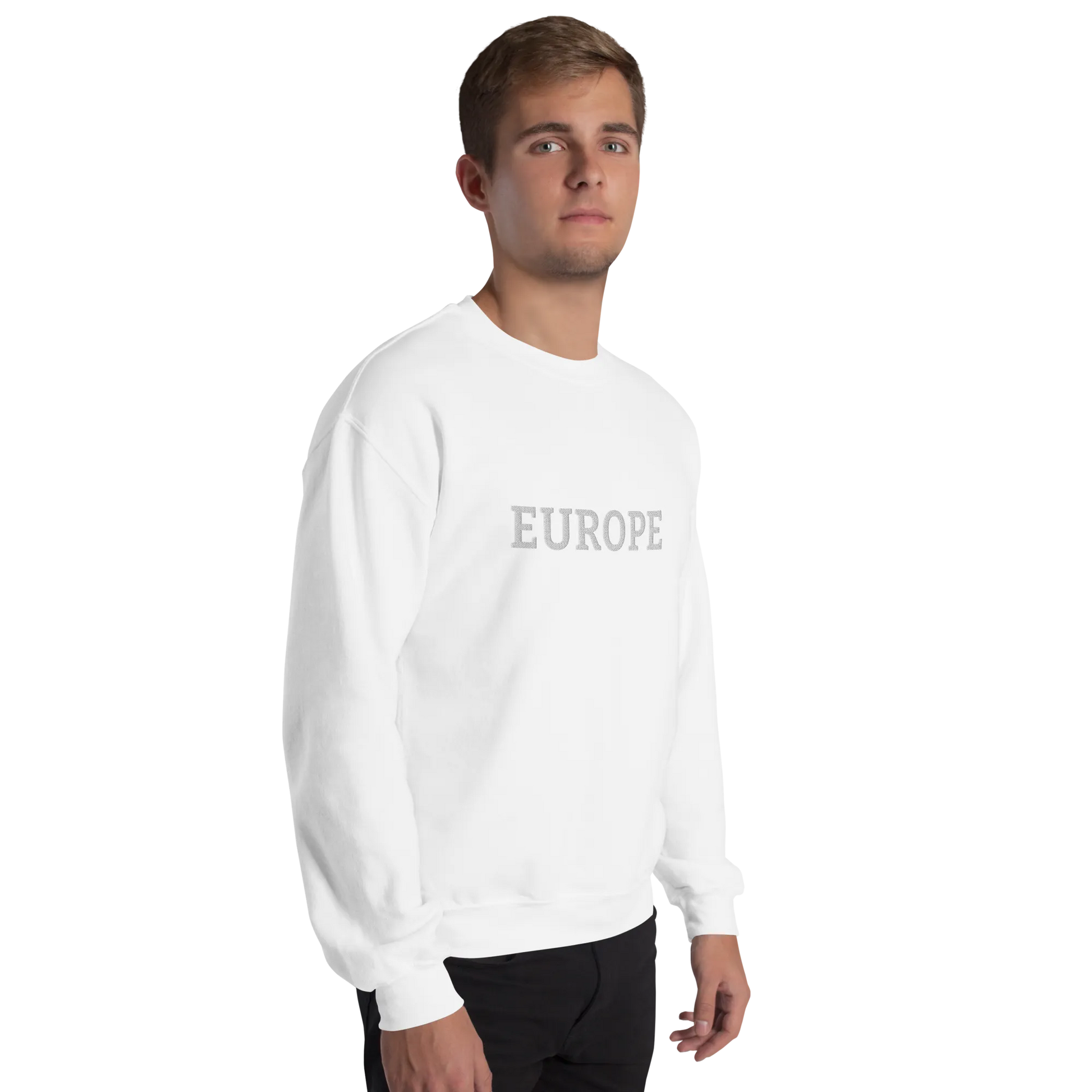 Male Model with Monochrome White "EUROPE" Unisex Sweatshirt