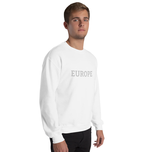 Male Model with Monochrome White "EUROPE" Unisex Sweatshirt