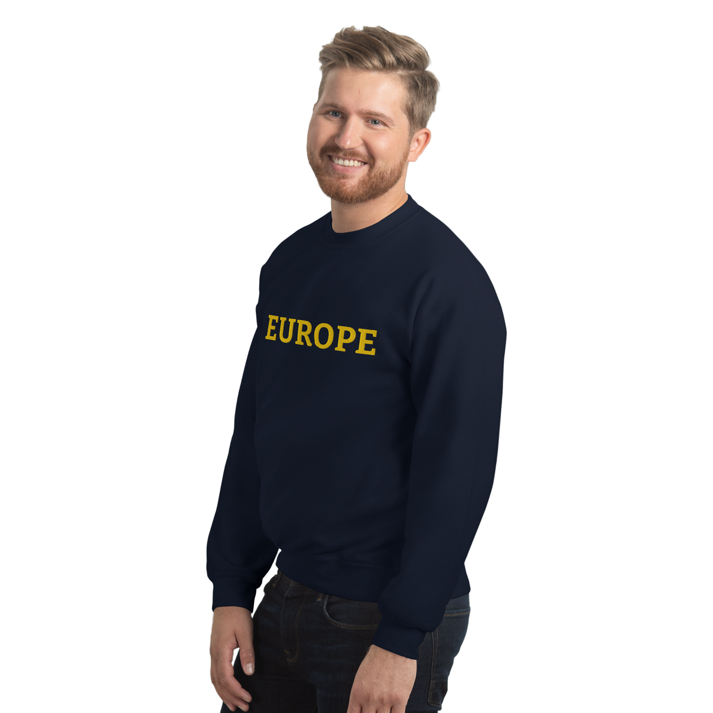 Male Model with Navy Blue "EUROPE" Unisex Sweatshirt