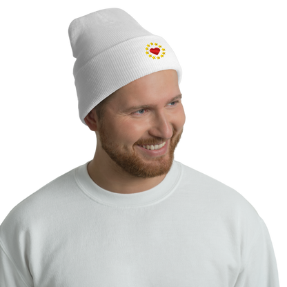 Male Model with White "Show the Love for EU" Cuffed Beanie