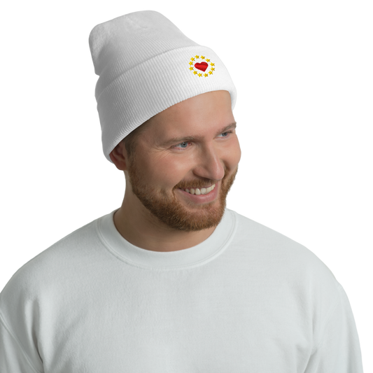 Male Model with White "Show the Love for EU" Cuffed Beanie