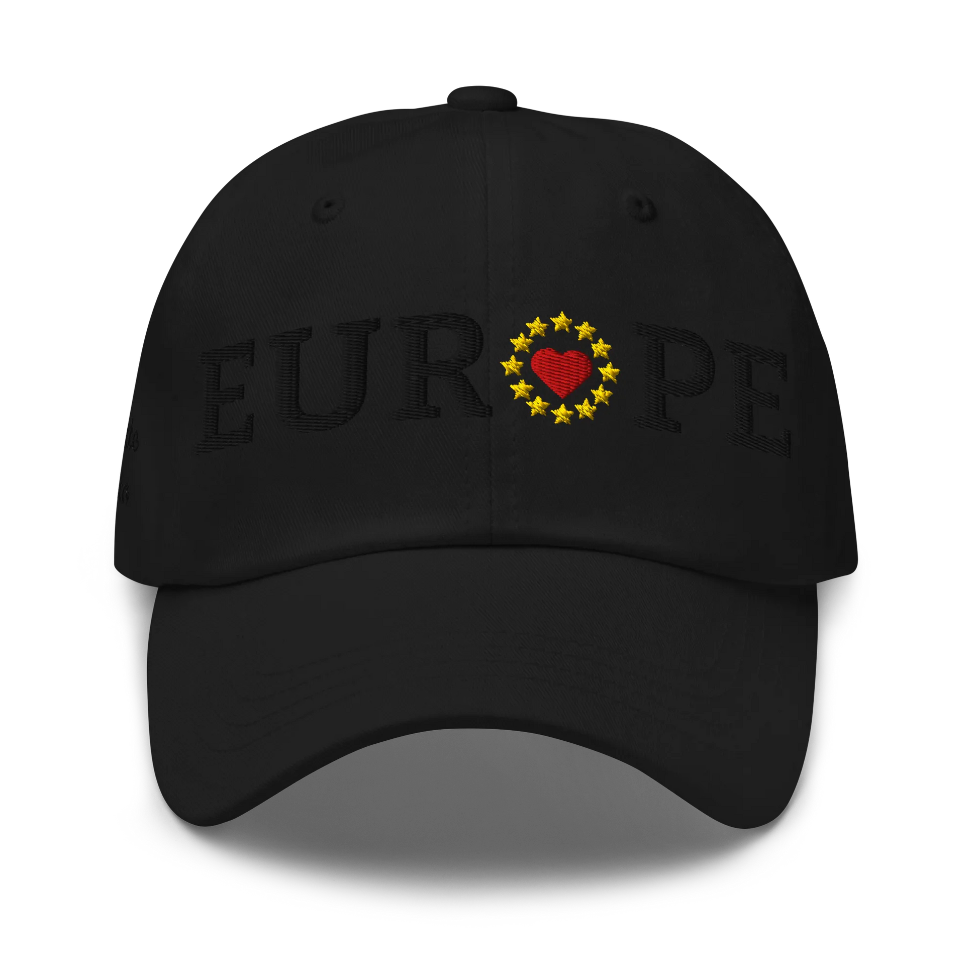 Monochrome Black "EUROPE" Cap with "Show the Love for EU" emblem in full color Front View