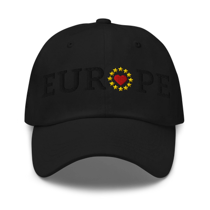 Monochrome Black "EUROPE" Cap with "Show the Love for EU" emblem in full color Front View