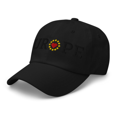 Monochrome Black "EUROPE" Cap with "Show the Love for Europe" emblem in full color Left Front View
