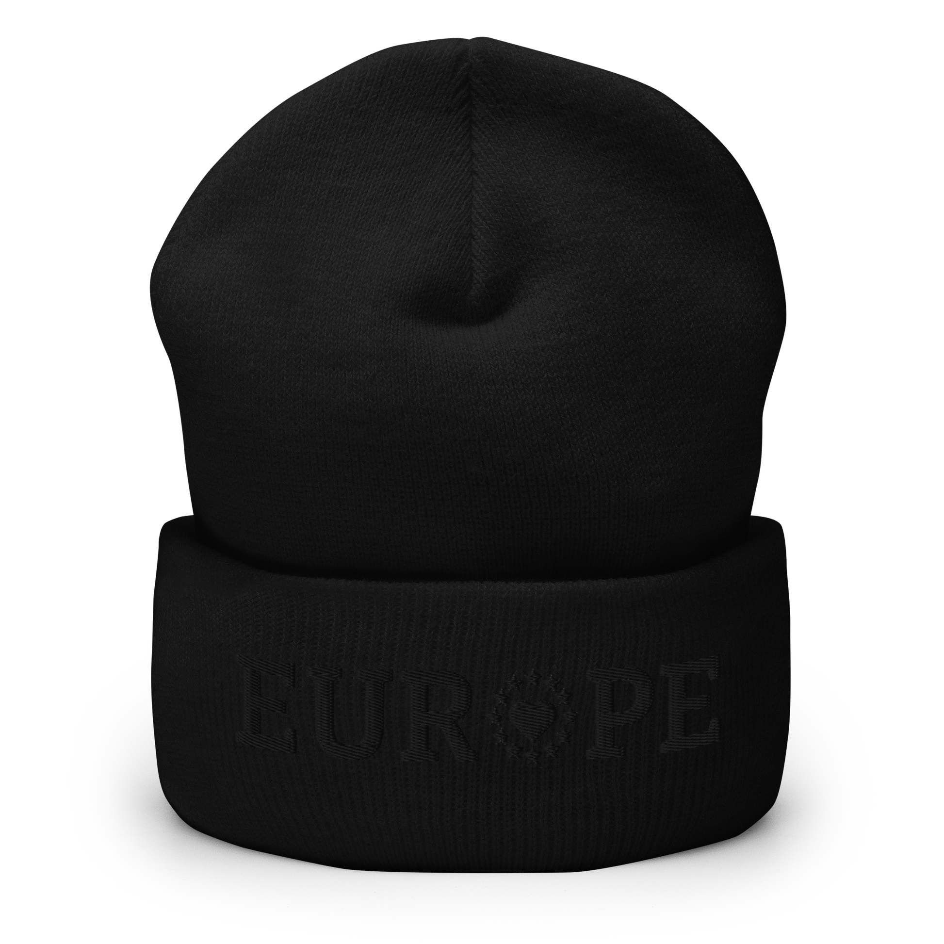 Monochrome Black "EUROPE" Cuffed Beanie with "Show the Love for EU" emblem Front View
