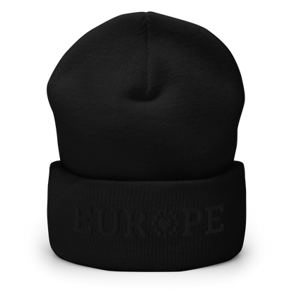 Monochrome Black "EUROPE" Cuffed Beanie with "Show the Love for EU" emblem Front View