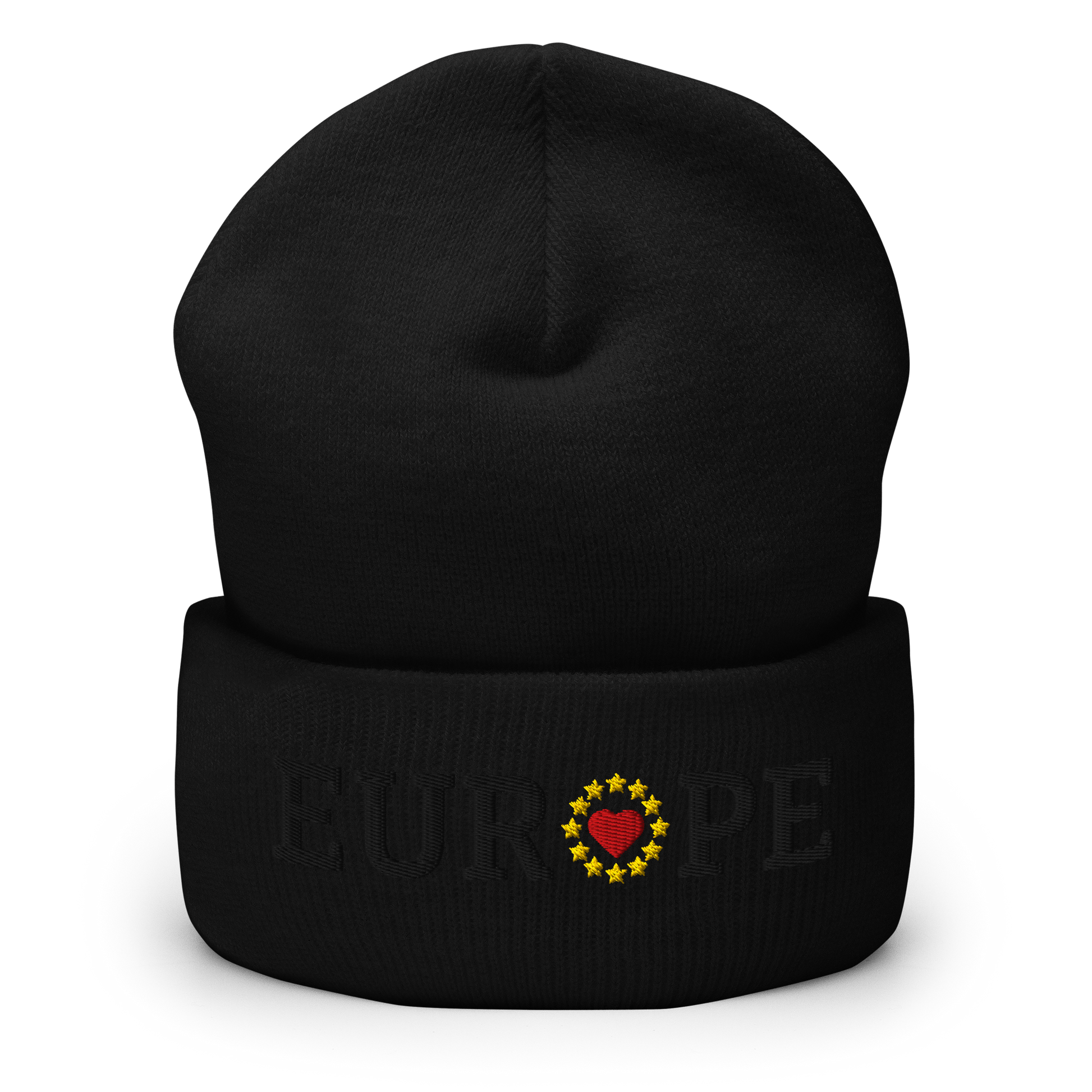 Monochrome Black "EUROPE" Cuffed Beanie with "Show the Love for EU" emblem in full color Front View