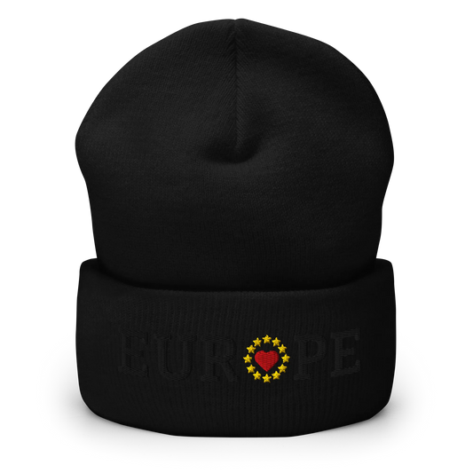 Monochrome Black "EUROPE" Cuffed Beanie with "Show the Love for Europe" emblem in full color Front View