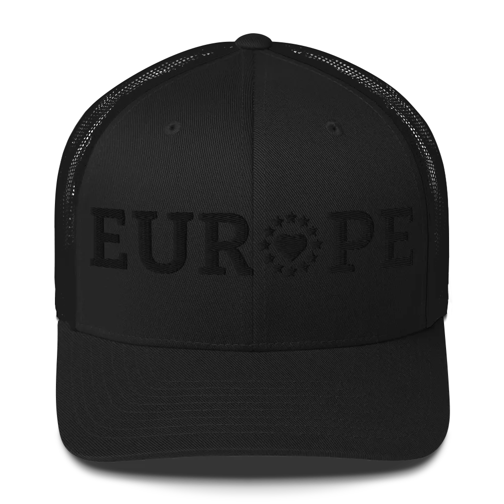 Monochrome Black "EUROPE" Trucker Cap with "Show the Love for EU" emblem Front View