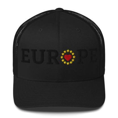 Monochrome Black "EUROPE" Trucker Cap with "Show the Love for EU" emblem in full color Front View