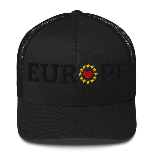 Monochrome Black "EUROPE" Trucker Cap with "Show the Love for EU" emblem in full color Front View