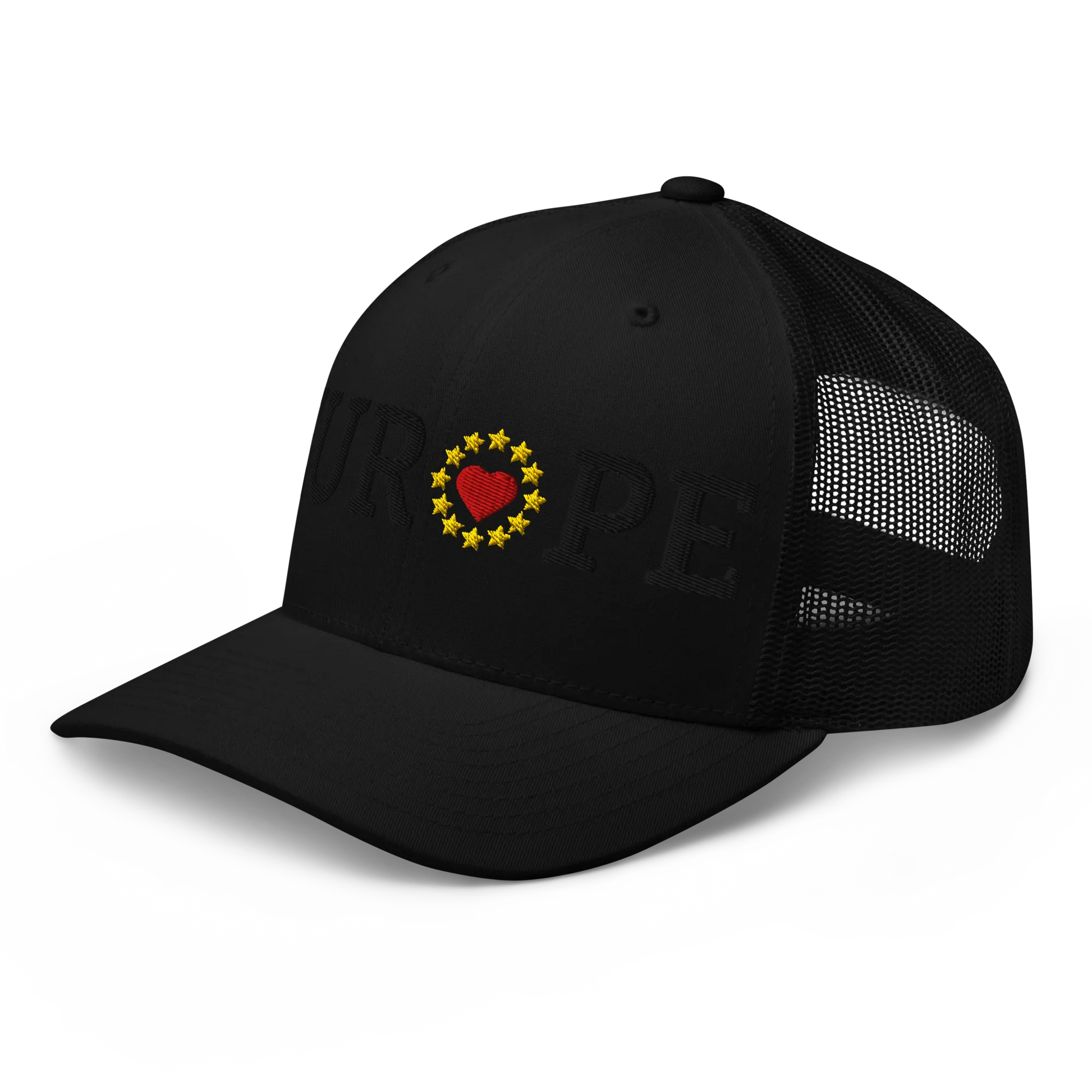 Monochrome Black "EUROPE" Trucker Cap with "Show the Love for EU" emblem in full color Left Front View