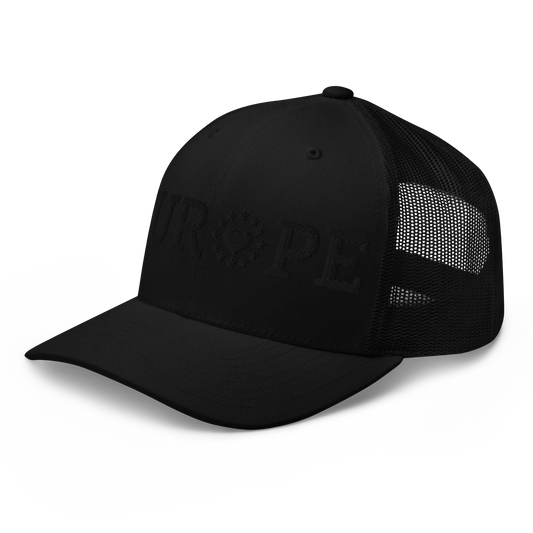 Monochrome Black "EUROPE" Trucker Cap with "Show the Love for EU" emblem Left Front View