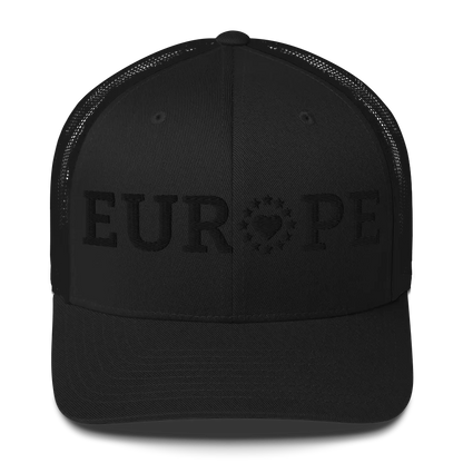 Monochrome Black "EUROPE" Trucker Cap with "Show the Love for Europe" emblem Front View