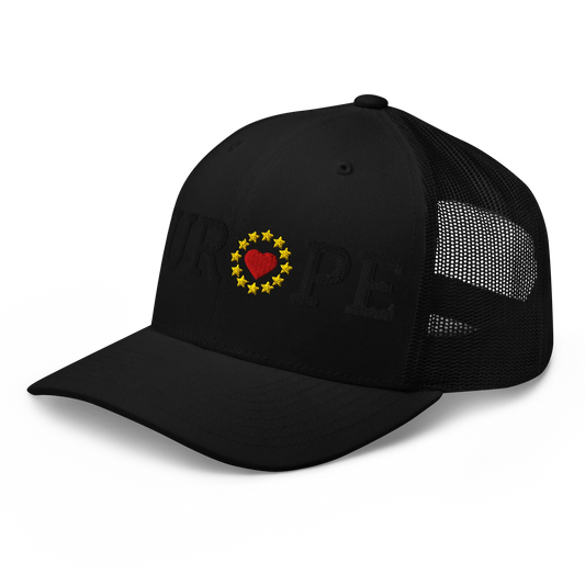 Monochrome Black "EUROPE" Trucker Cap with "Show the Love for Europe" emblem in full color Left Front View