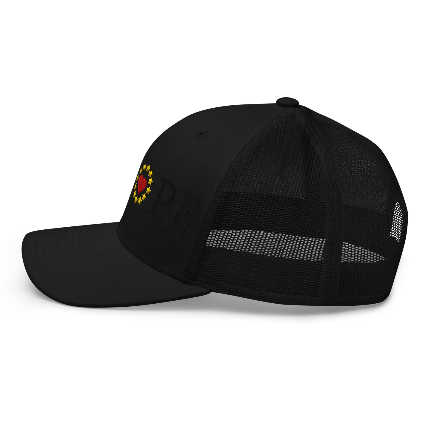 Monochrome Black "EUROPE" Trucker Cap with "Show the Love for Europe" emblem in full color Left View