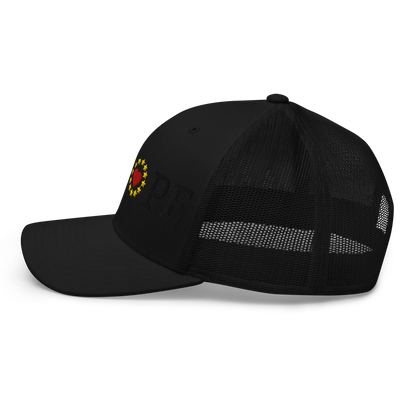 Monochrome Black "EUROPE" Trucker Cap with "Show the Love for Europe" emblem in full color Left View