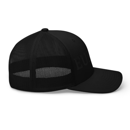 Monochrome Black "EUROPE" Trucker Cap with "Show the Love for Europe" emblem in full color Right View