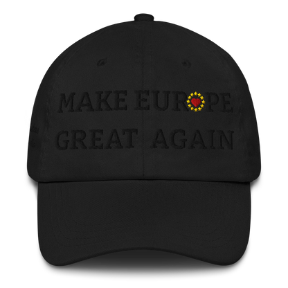 Monochrome Black "Make Europe Great Again" / MEGA Cap with "Show the Love for EU" emblem in full color Front View