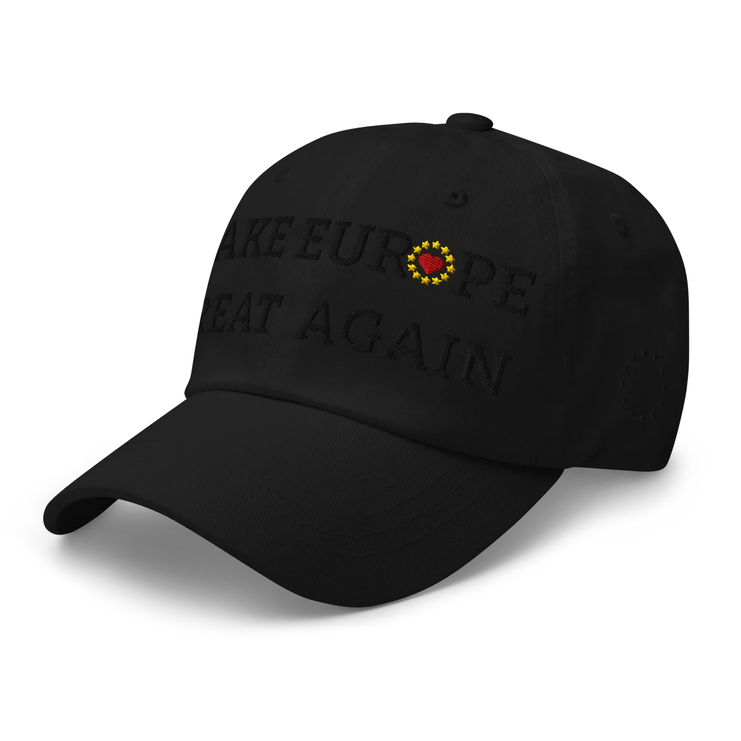 Monochrome Black "Make Europe Great Again" / MEGA Cap with "Show the Love for EU" emblem in full color Left Front View
