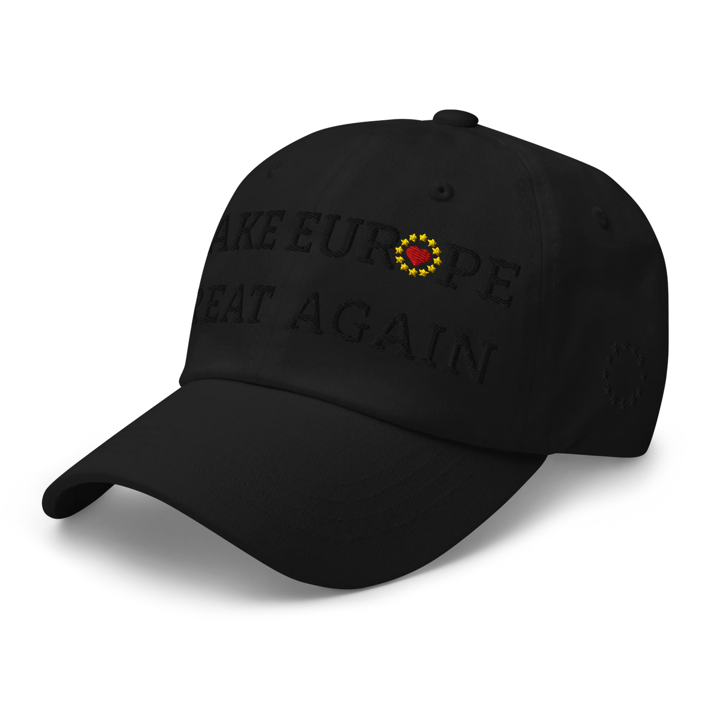 Monochrome Black "Make Europe Great Again" / MEGA Cap with "Show the Love for Europe" emblem in full color Left Front View