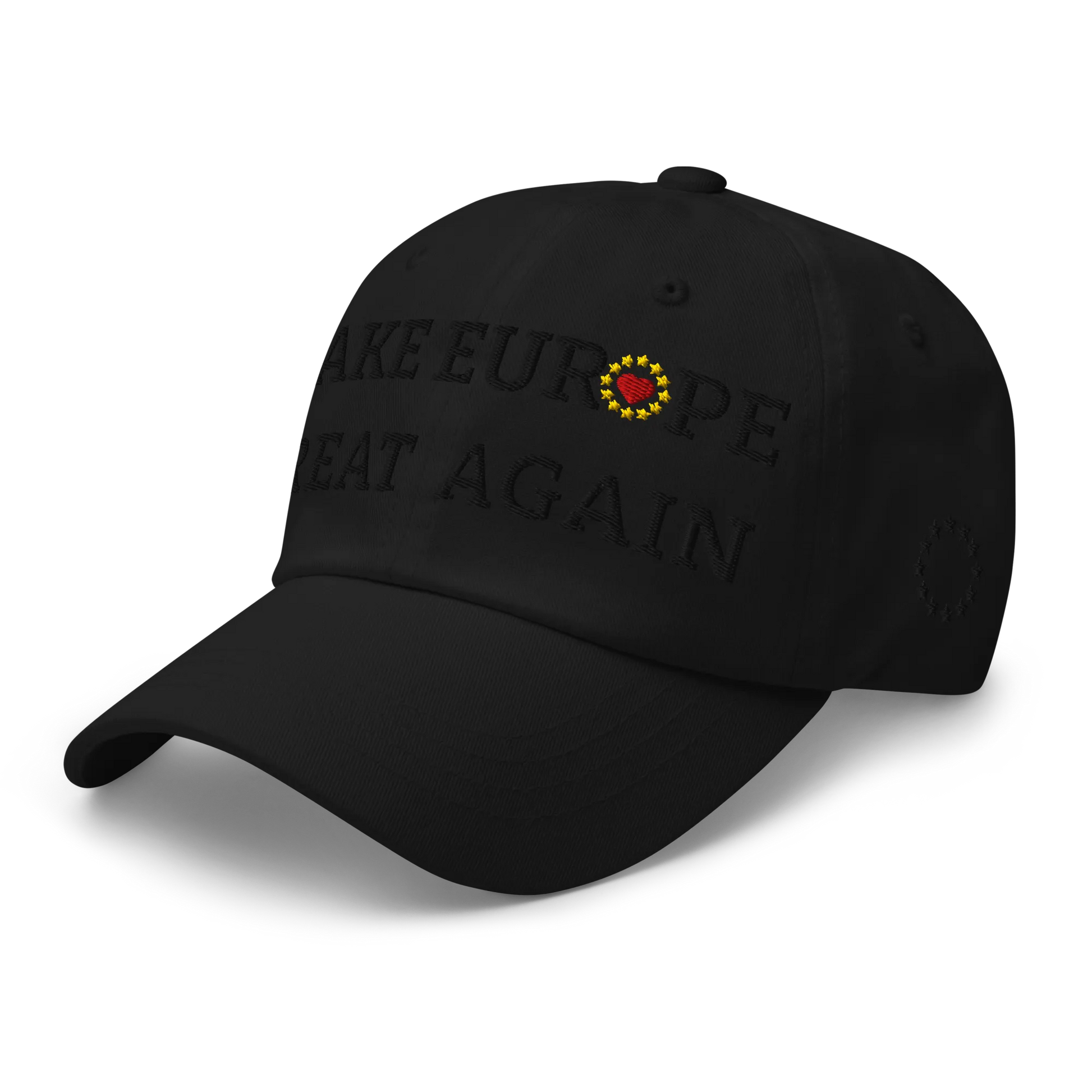 Monochrome Black "Make Europe Great Again" / MEGA Cap with "Show the Love for Europe" emblem in full color Left Front View