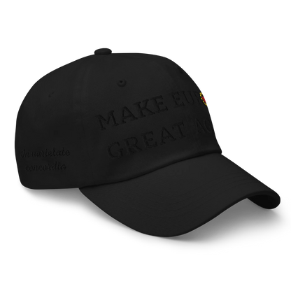 Monochrome Black "Make Europe Great Again" / MEGA Cap with "Show the Love for Europe" emblem in full color Right Front View