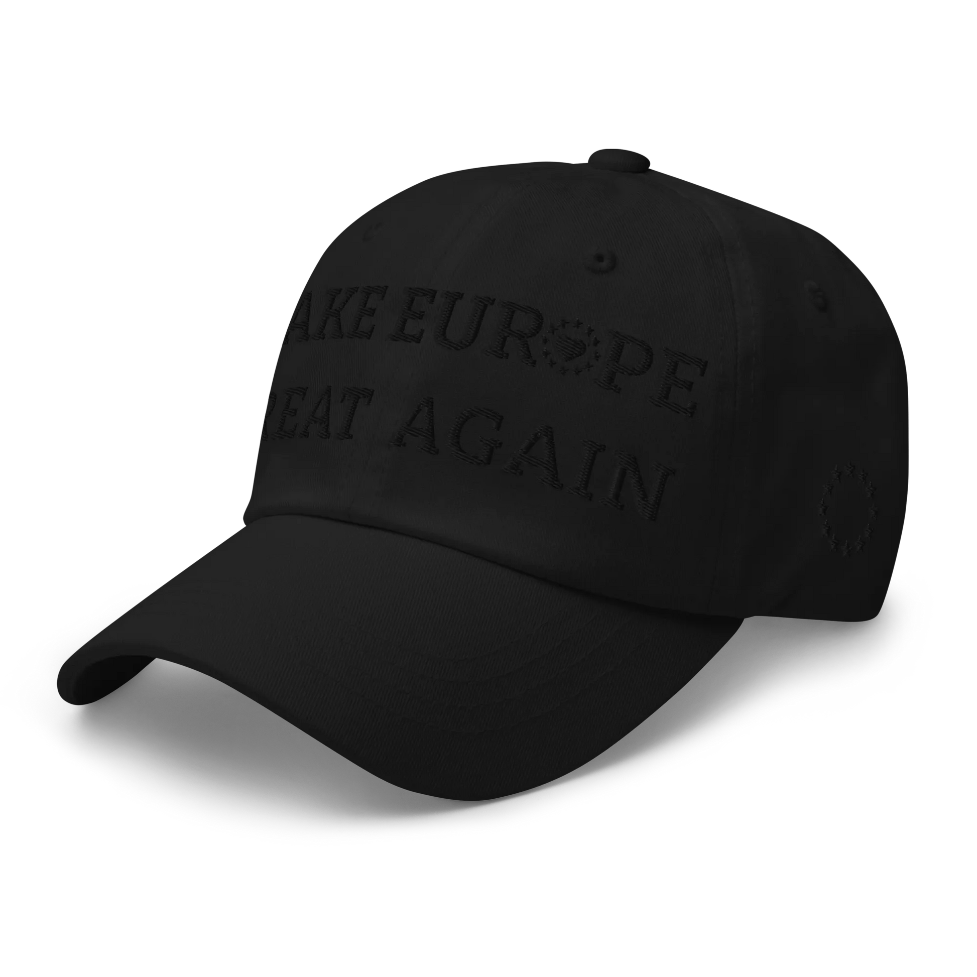 Monochrome Black "Make Europe Great Again" / MEGA Cap with "Show the Love for Europe" emblem Left Front View