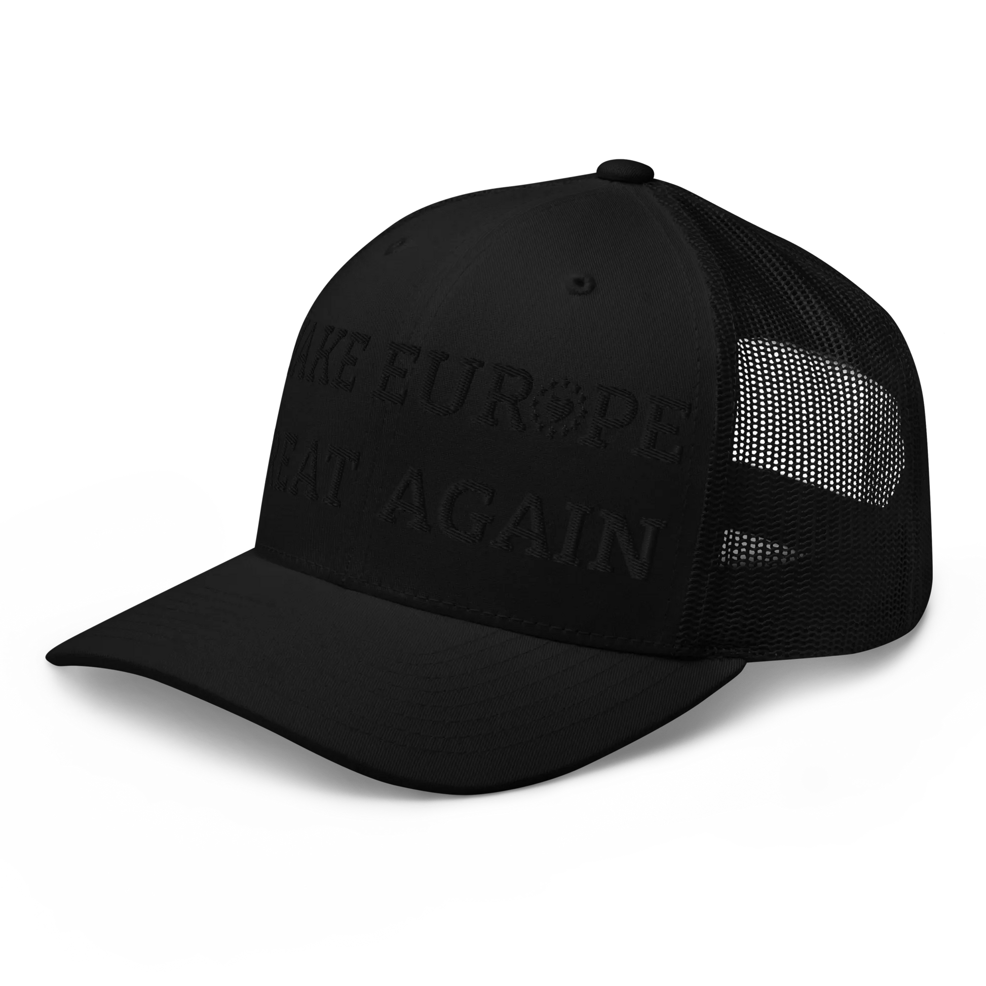 Monochrome Black "Make Europe Great Again" / MEGA Trucker Cap with "Show the Love for EU" emblem Left Front View