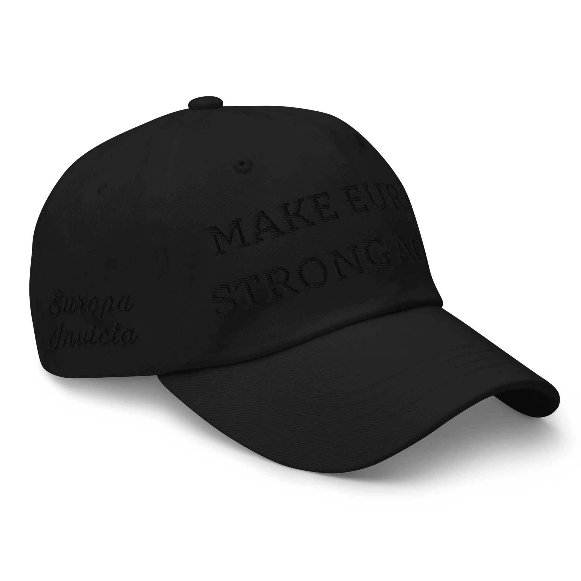 Monochrome Black "Make Europe Strong Again" / MESA Cap with "Show the Love for Europe" emblem Right Front View