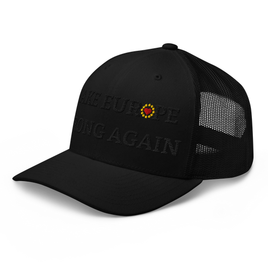 Monochrome Black "Make Europe Strong Again" / MESA Trucker Cap with "Show the Love for Europe" emblem in full color Left Front View