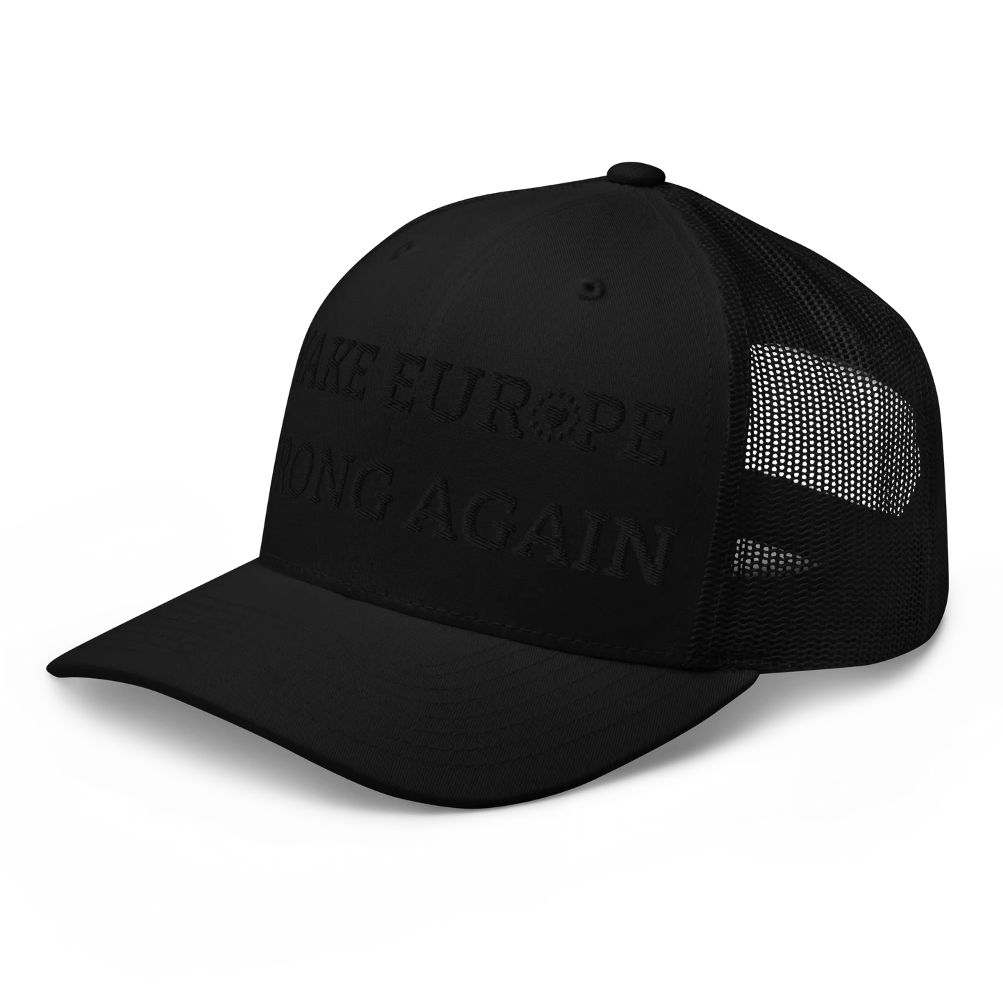 Monochrome Black "Make Europe Strong Again" / MESA Trucker Cap with "Show the Love for Europe" emblem Left Front View
