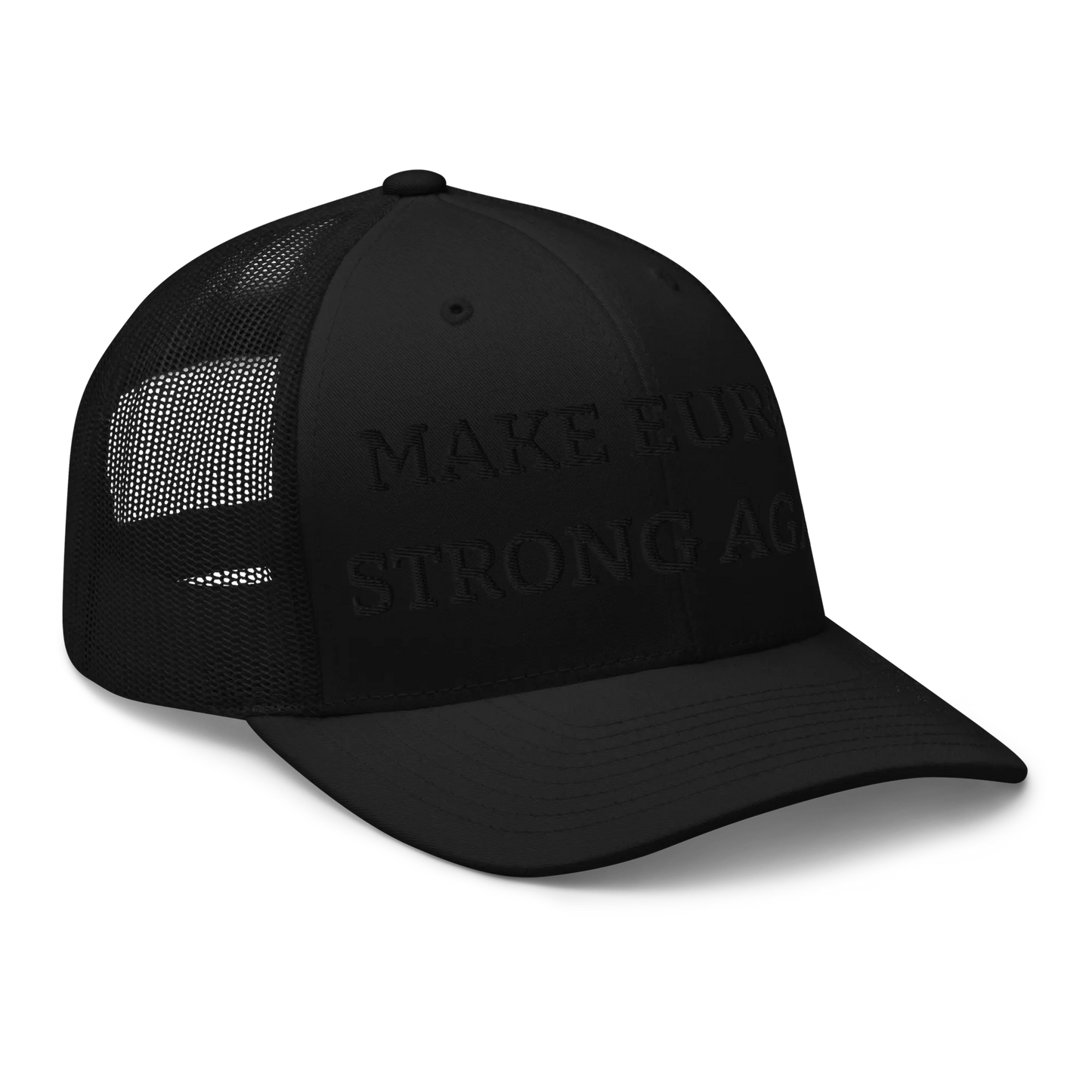 Monochrome Black "Make Europe Strong Again" / MESA Trucker Cap with "Show the Love for Europe" emblem Right Front View