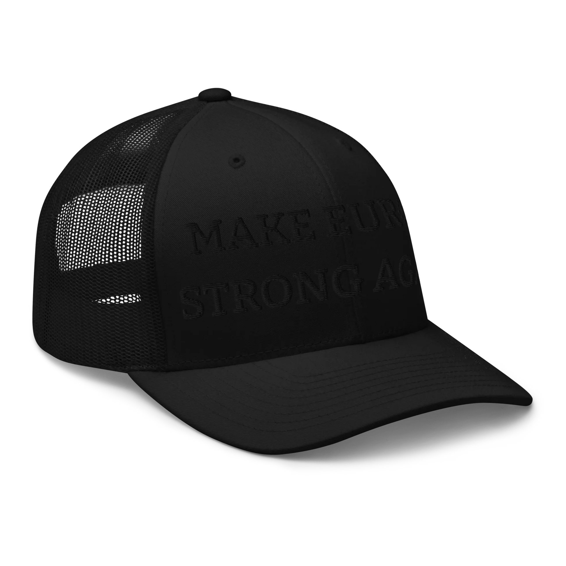 Monochrome Black "Make Europe Strong Again" / MESA Trucker Cap with "Show the Love for Europe" emblem Right Front View