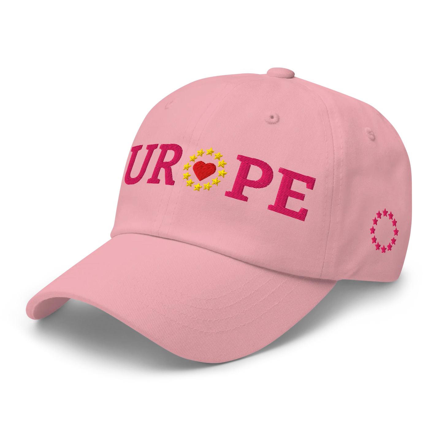 Monochrome Pink "EUROPE" Cap with "Show the Love for EU" emblem in full color Left Front View