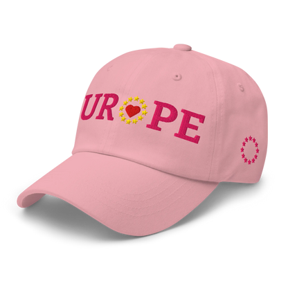 Monochrome Pink "EUROPE" Cap with "Show the Love for EU" emblem in full color Left Front View