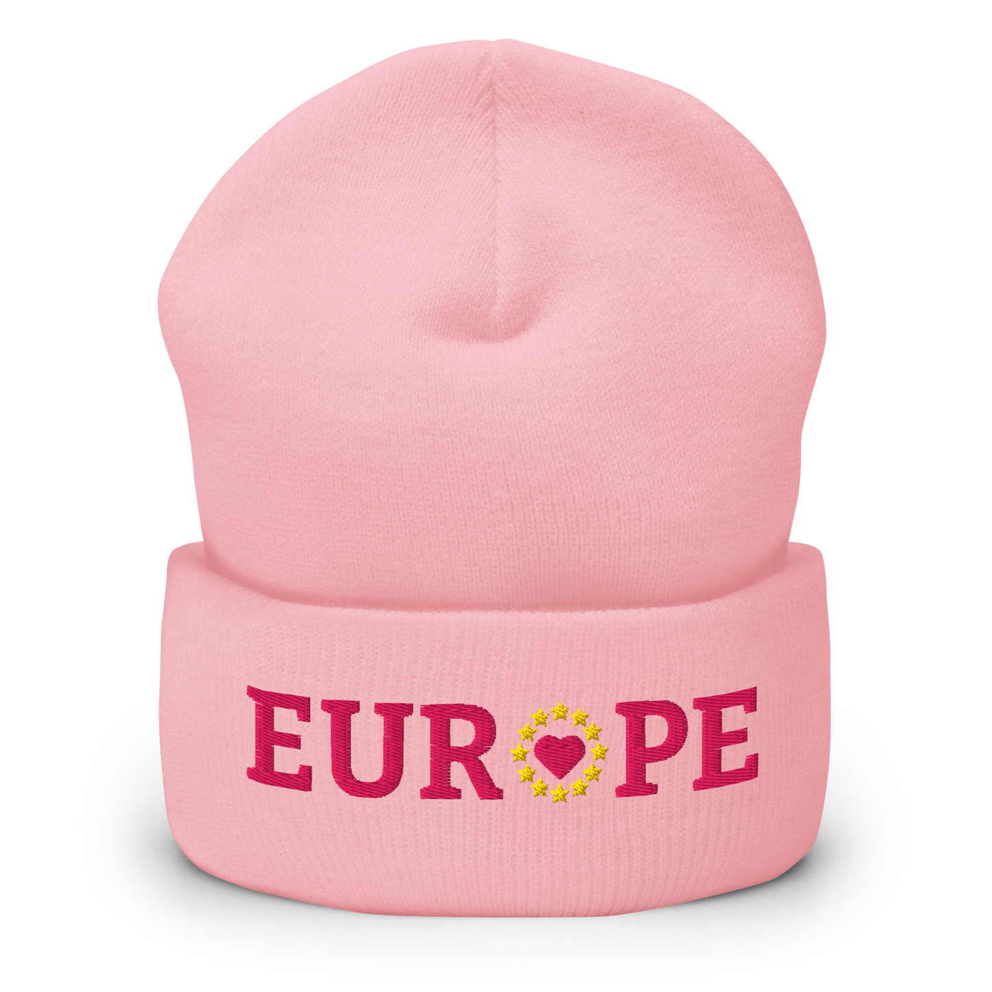 Monochrome Pink "EUROPE" Cuffed Beanie with "Show the Love for EU" emblem in full color Front View