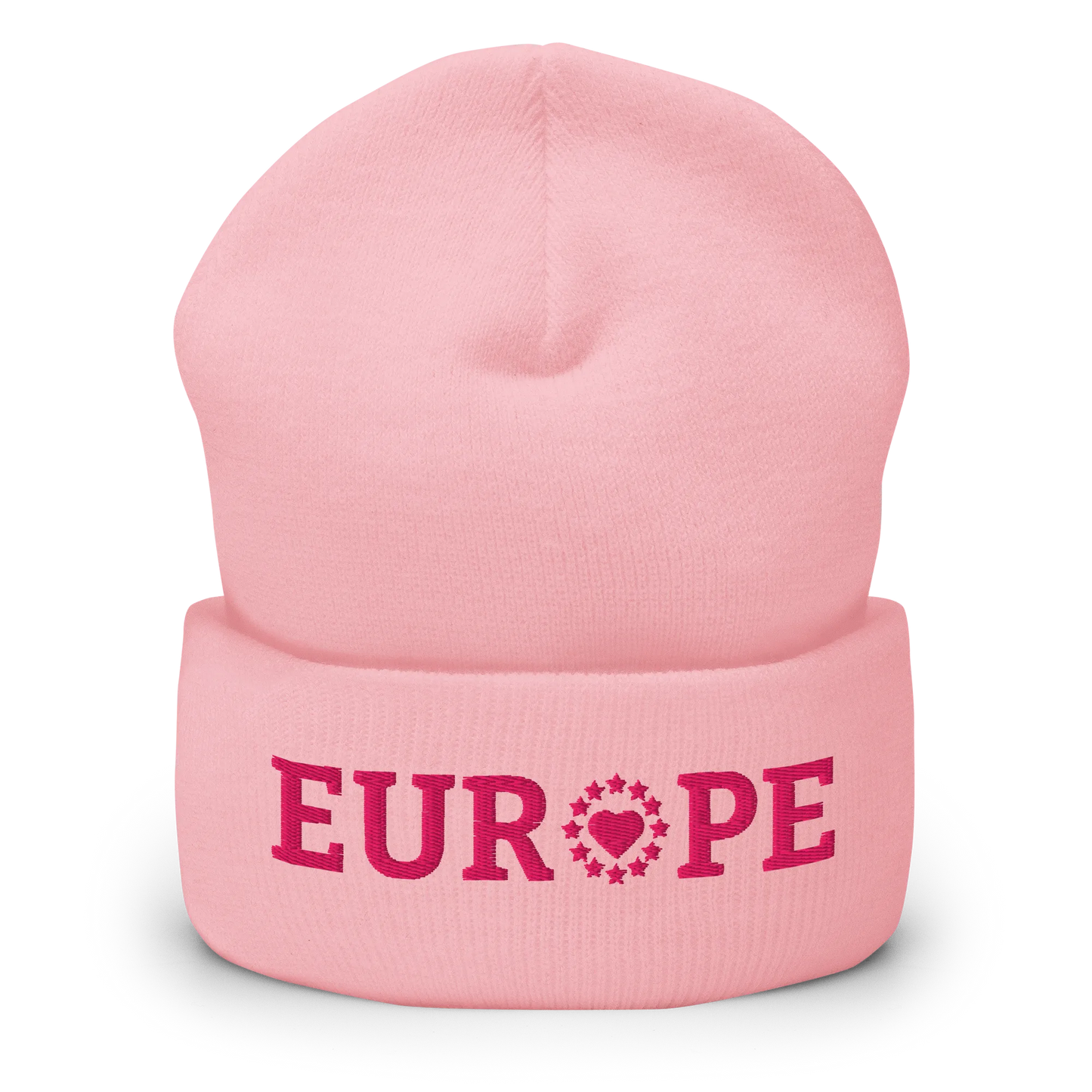 Monochrome Pink "EUROPE" Cuffed Beanie with "Show the Love for Europe" emblem Front View
