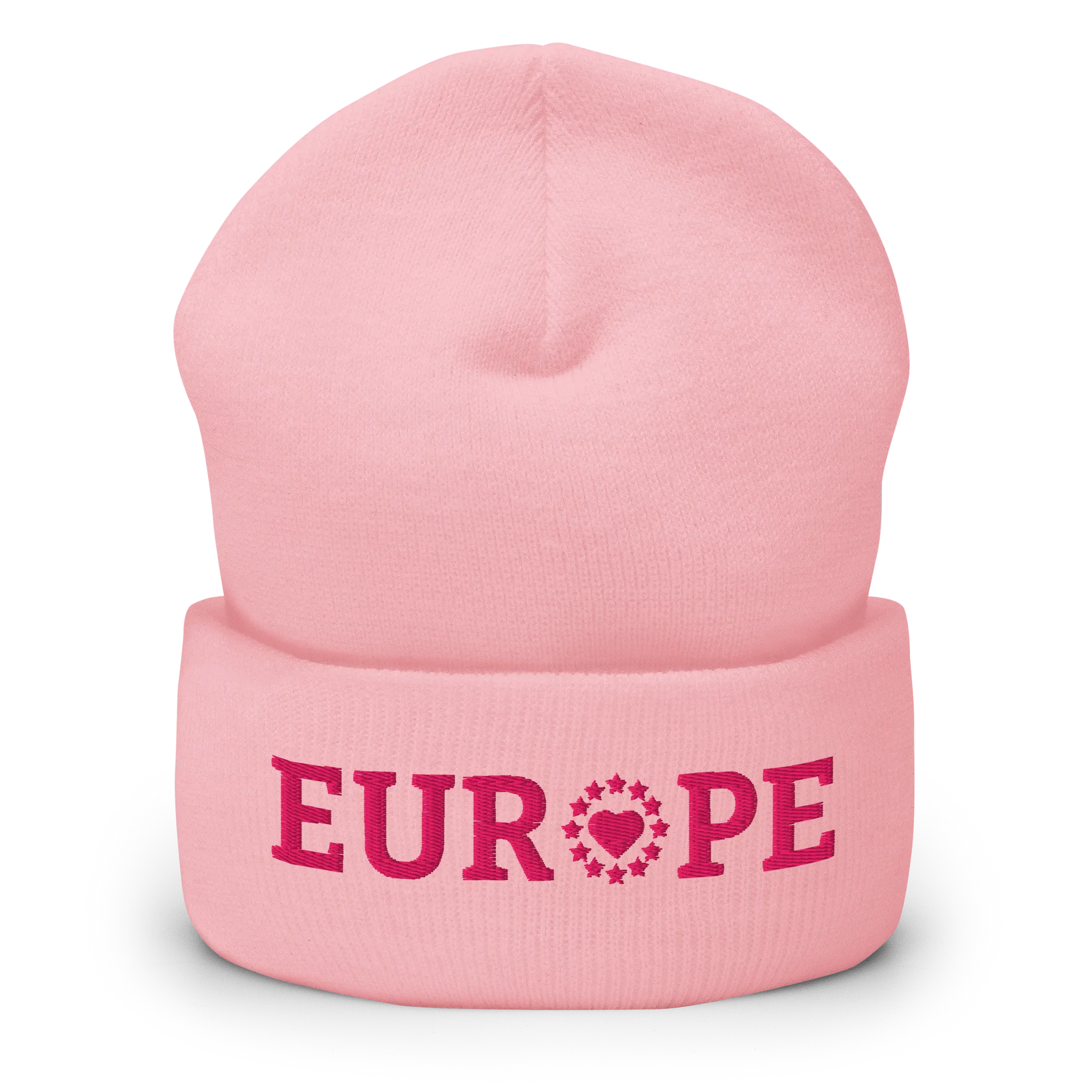 Monochrome Pink "EUROPE" Cuffed Beanie with "Show the Love for Europe" emblem Front View