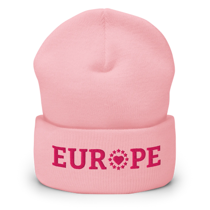 Monochrome Pink "EUROPE" Cuffed Beanie with "Show the Love for Europe" emblem Front View