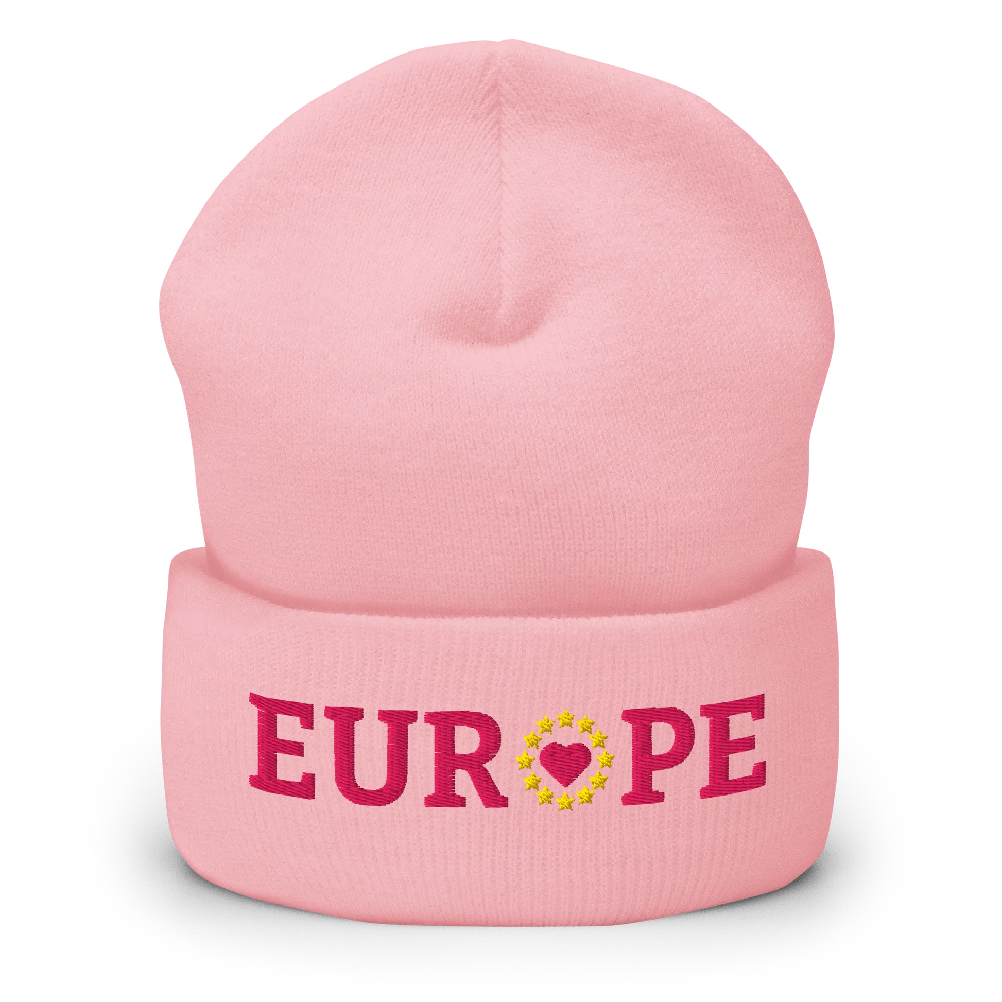Monochrome Pink "EUROPE" Cuffed Beanie with "Show the Love for Europe" emblem in full color Front View