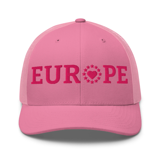 Monochrome Pink EUROPE Trucker Cap with "Show the Love for Europe" emblem Front View