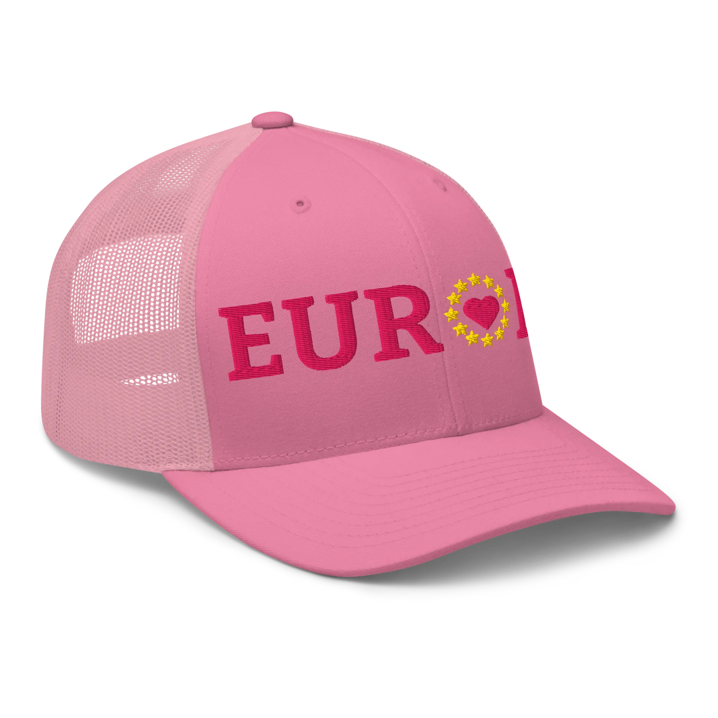 Monochrome Pink EUROPE Trucker Cap with "Show the Love for Europe" emblem in full color Right Front View