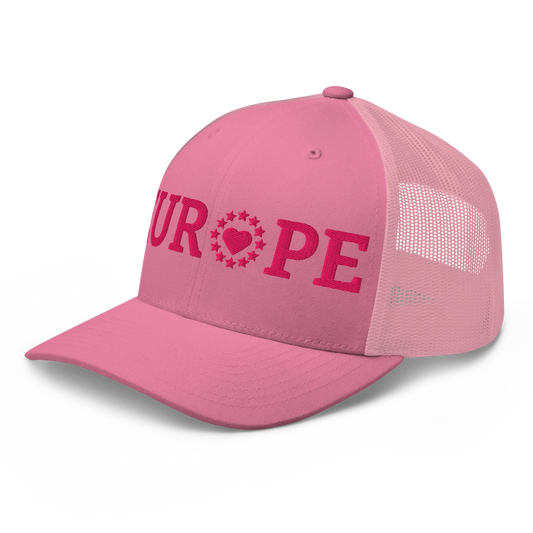 Monochrome Pink EUROPE Trucker Cap with "Show the Love for Europe" emblem Left Front View