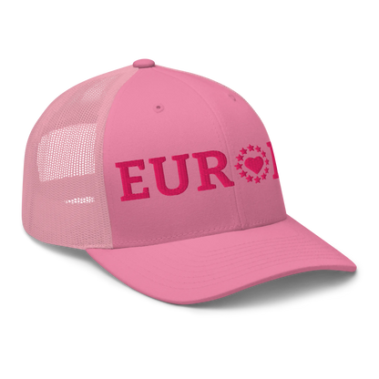 Monochrome Pink EUROPE Trucker Cap with "Show the Love for Europe" emblem Right Front View