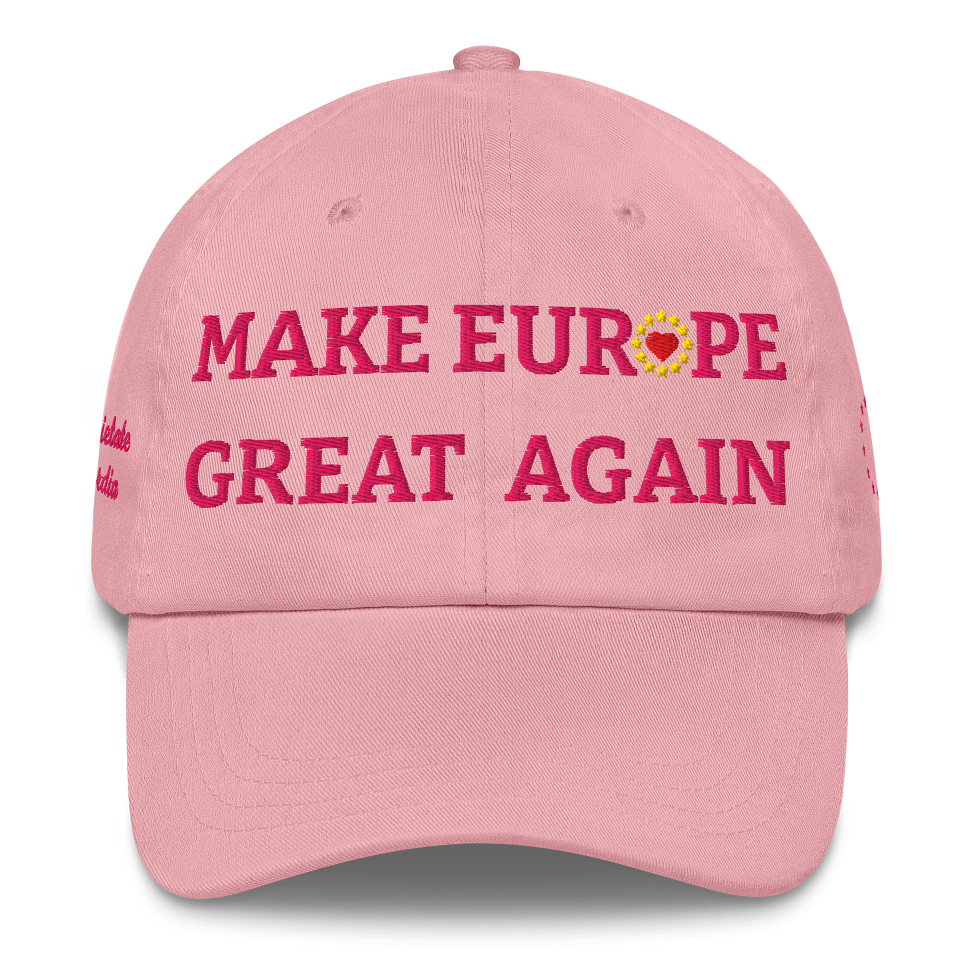 Monochrome Pink "Make Europe Great Again" / MEGA Cap with "Show the Love for EU" emblem in full color Front View