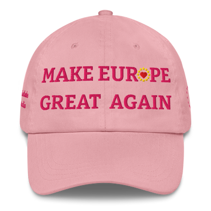 Monochrome Pink "Make Europe Great Again" / MEGA Cap with "Show the Love for EU" emblem in full color Front View