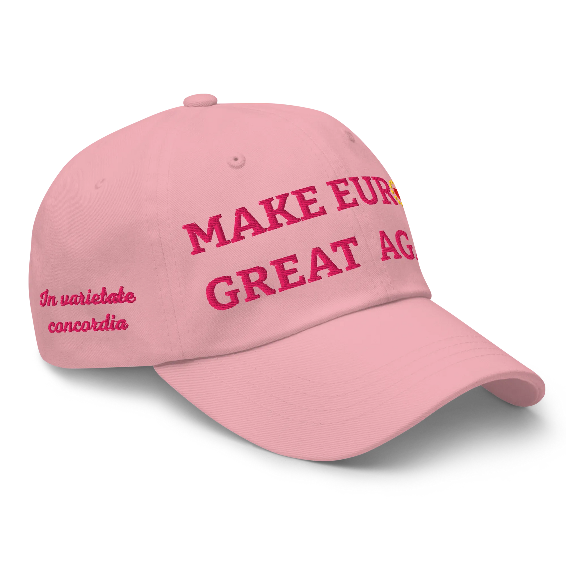 Monochrome Pink "Make Europe Great Again" / MEGA Cap with "Show the Love for Europe" emblem in full color Right Front View