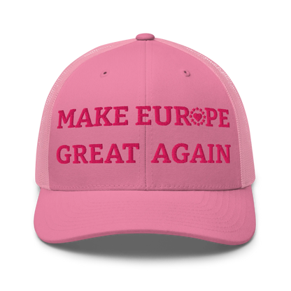 Monochrome Pink "Make Europe Great Again" / MEGA Trucker Cap with "Show the Love for Europe" emblem Front View